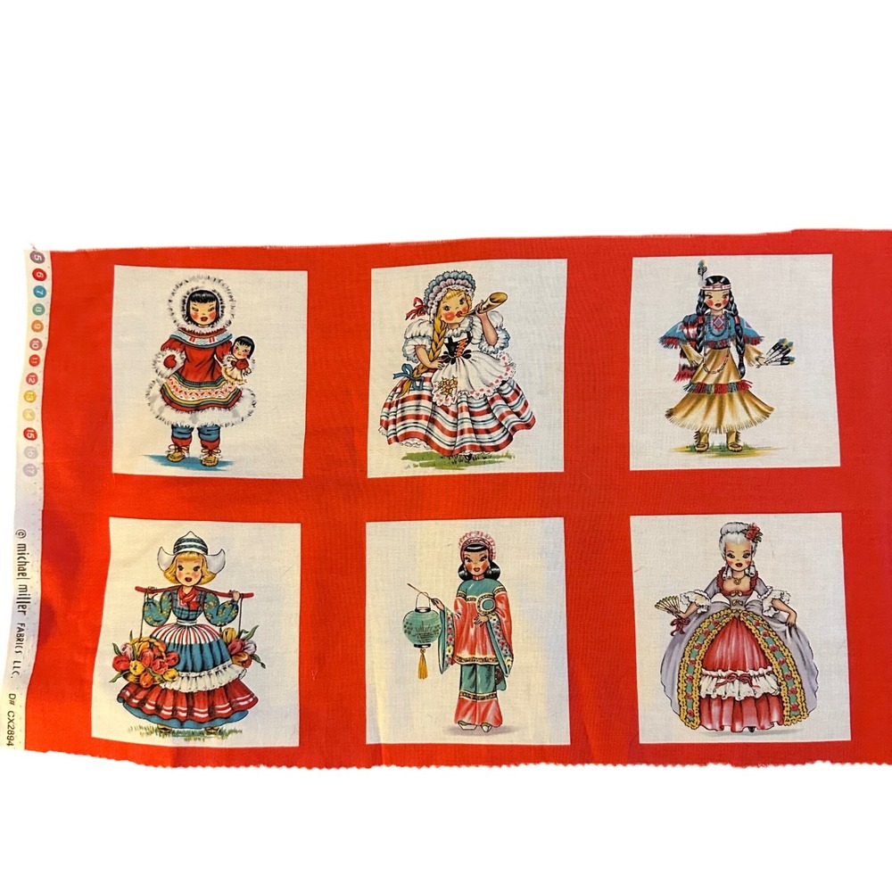 Michael Miller Fabrics Dolls of the World Red Cotton Scrap Panel 45x11.5